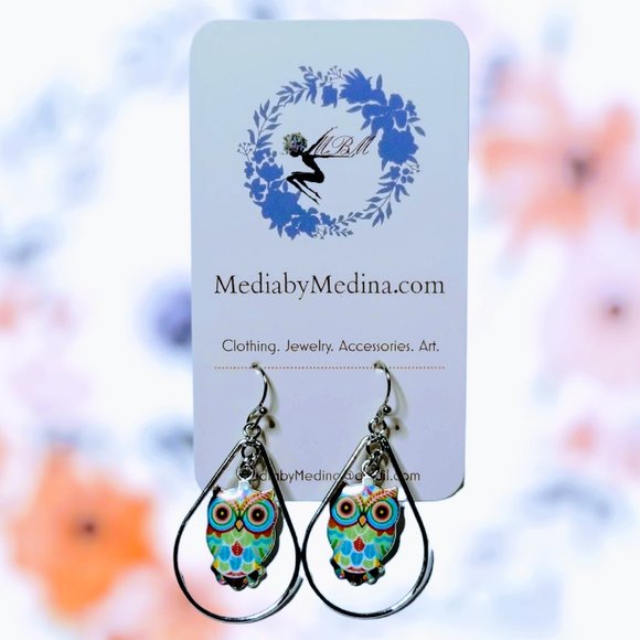 🆕MBM Tear Drop Framed Enamel Owl Earrings, Stainless Steel - Picture 2 of 10